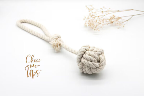 Chew-Me-Ups Natural Cotton Rope Dog Toy, Monkey Fist Knot Ball with handle, Eco Dog Toy